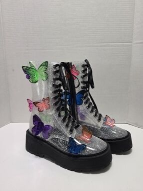 Dolls Kill Club Exx Terrarium Butterfly Combat Boots Glitter EDM Boots Size 11